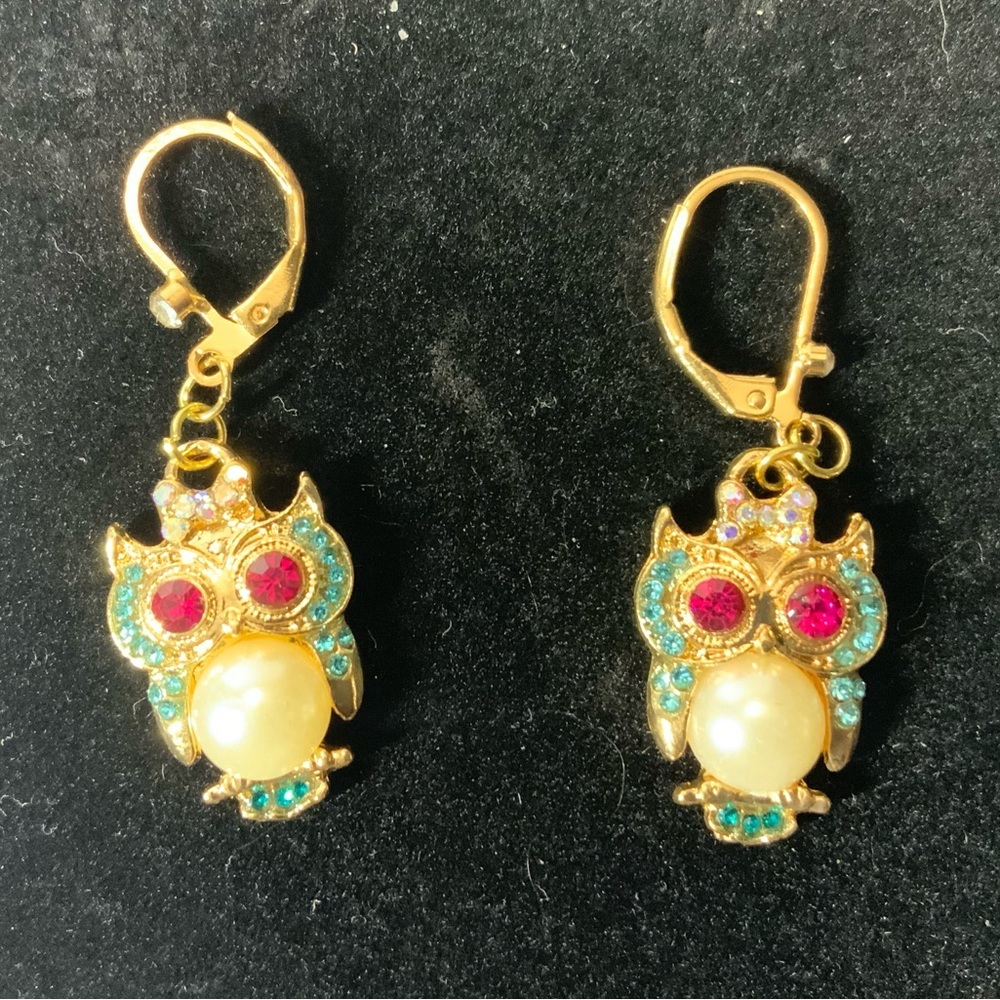 Gold Owl Earrings with Rhinestone and Pearl  Accents